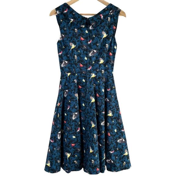 Lindy Bob Ophelia Blue Bird Print Fit & Flare Dress Retro 50s Pinup, Size XS - Picture 9 of 13